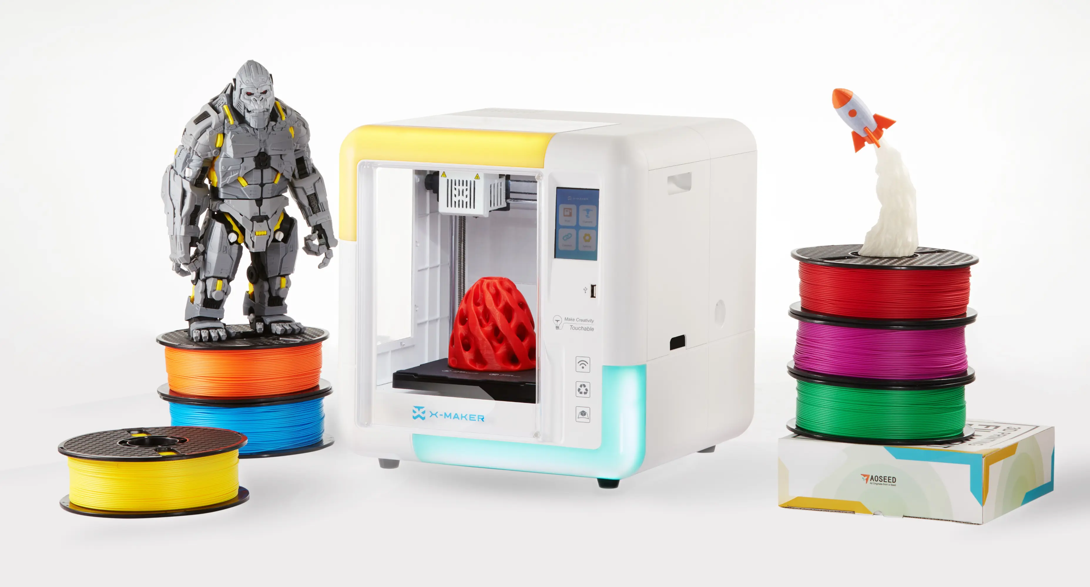 Zestaw do zajęć: drukarka 3D, filament i wydrukowane modele