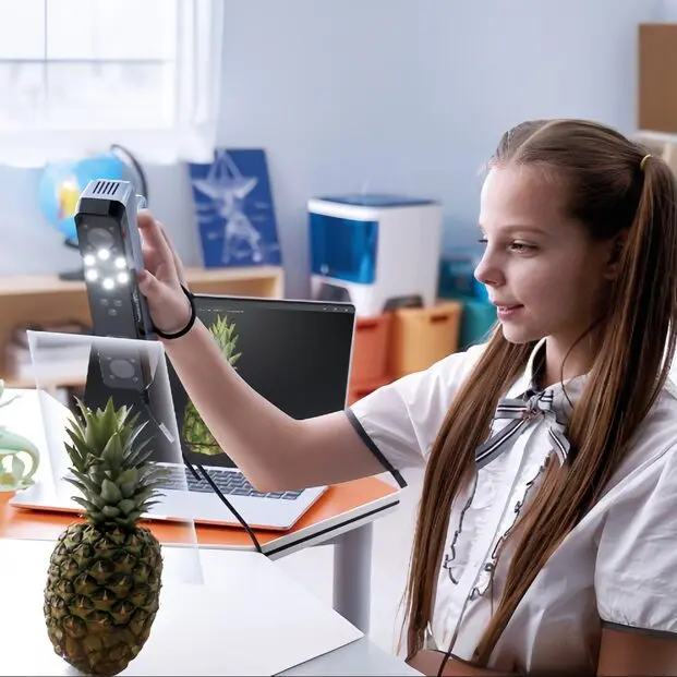 Uczennica skanuje przedmiot telefonem do modelu 3D